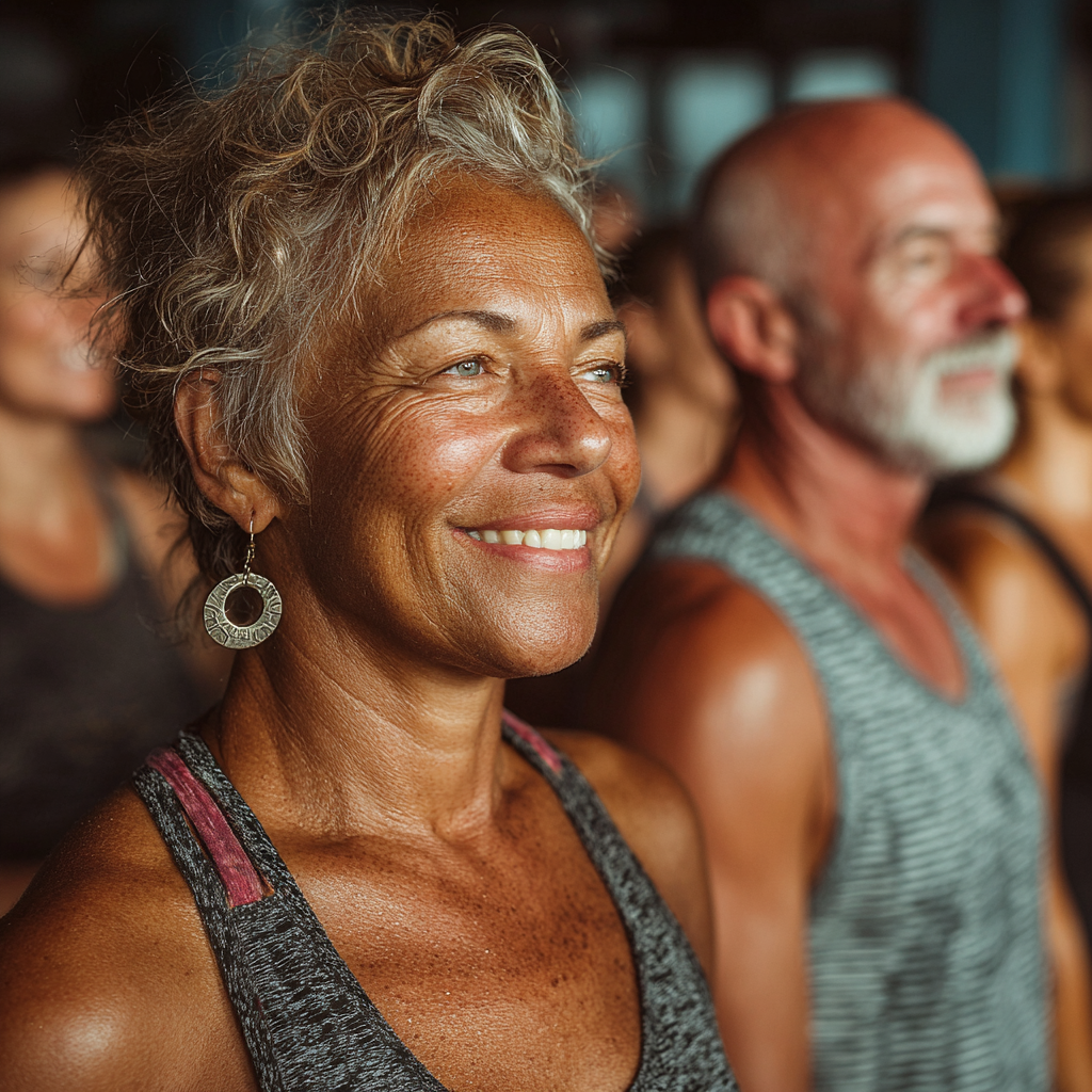 Diverse group of adults aged 40-55 participating in group fitness class, showing engagement and community spirit during workout session