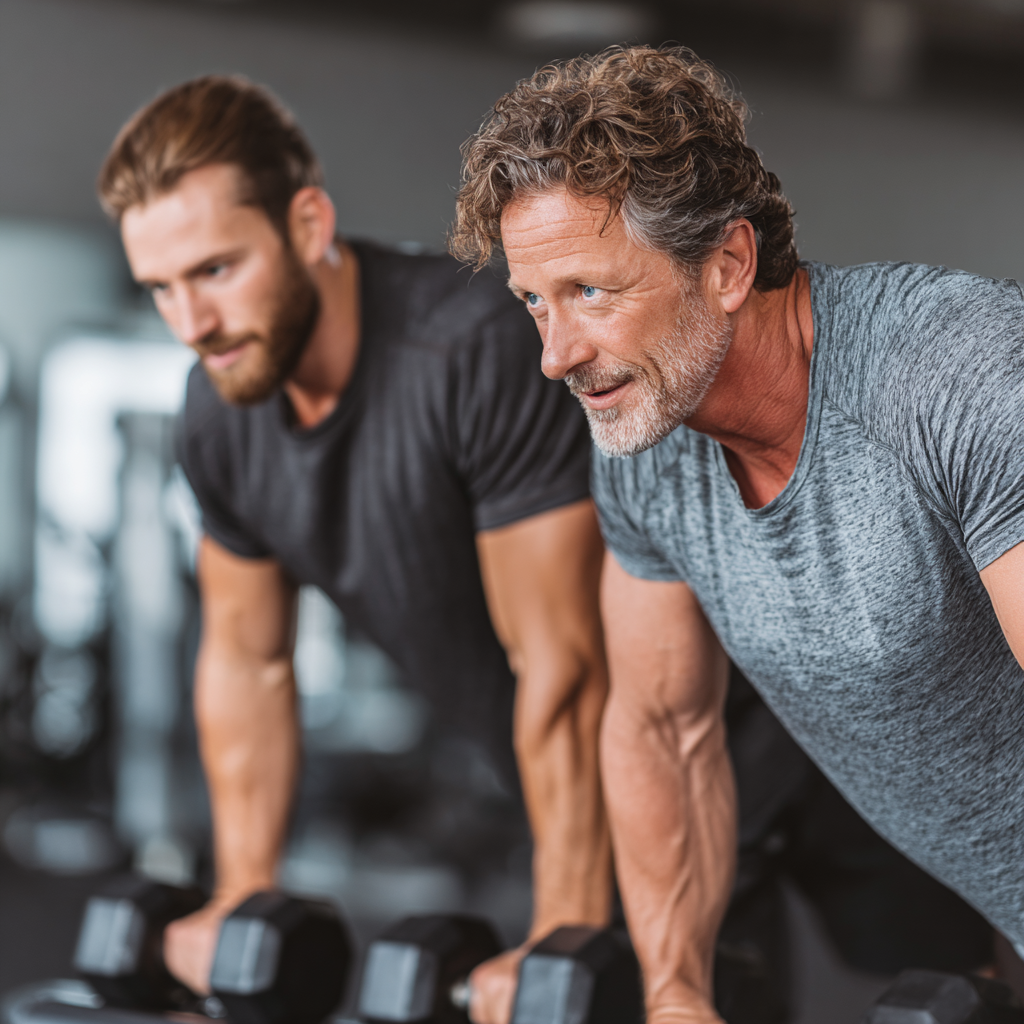 Experienced fitness trainer working with middle-aged man in his 40s during personal training session, both focused and professional
