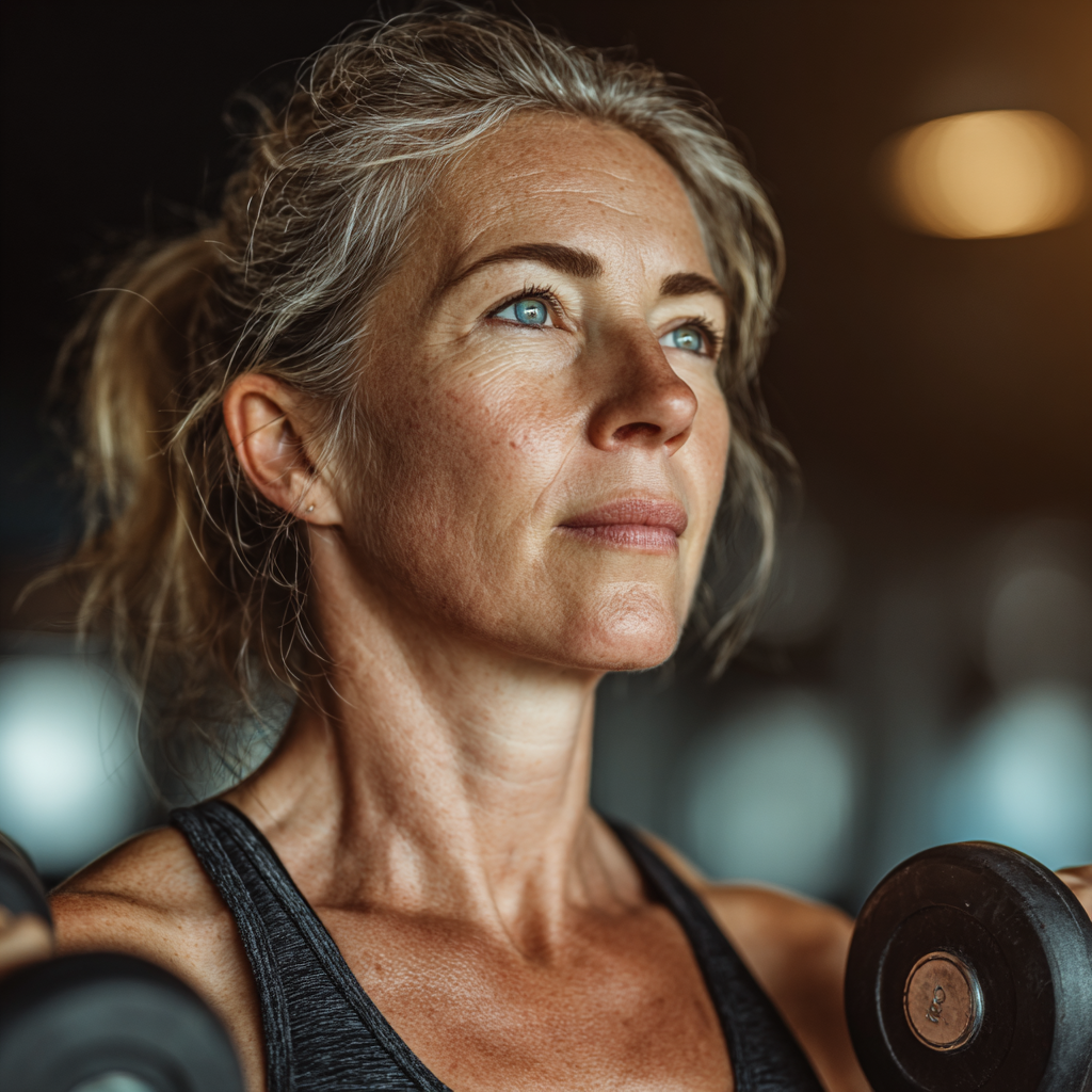Mature adult woman in her 50s doing strength training with dumbbells in modern gym, focused and determined expression